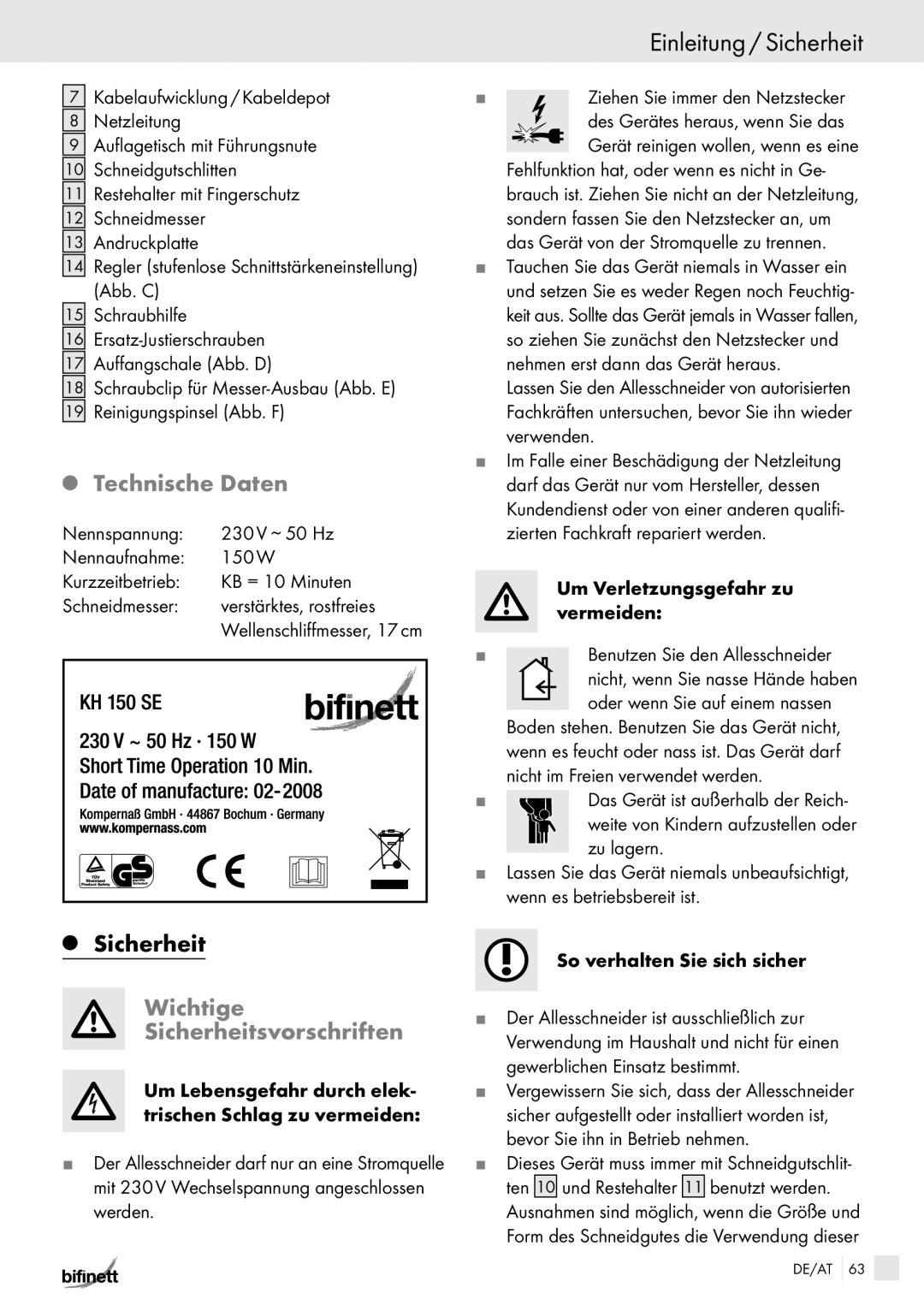 Bifinett KH 150 Einleitung / Sicherheit, Technische Daten, Wichtige Sicherheitsvorschriften, So verhalten Sie sich sicher 